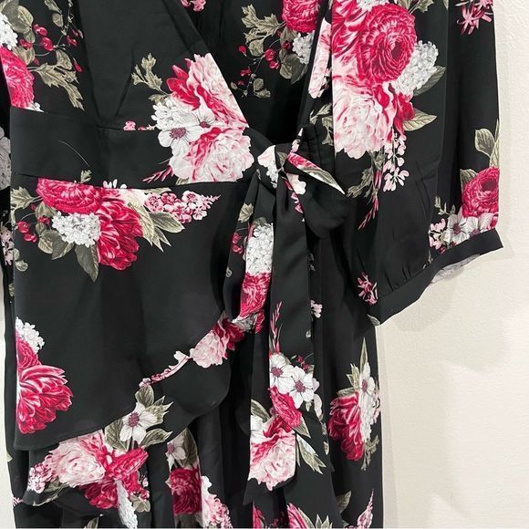 Torrid Black Pink Floral Hi Lo 3/4 Sleeves Georgette Tunic‎ Wrap Blouse 1X - Picture 6 of 13